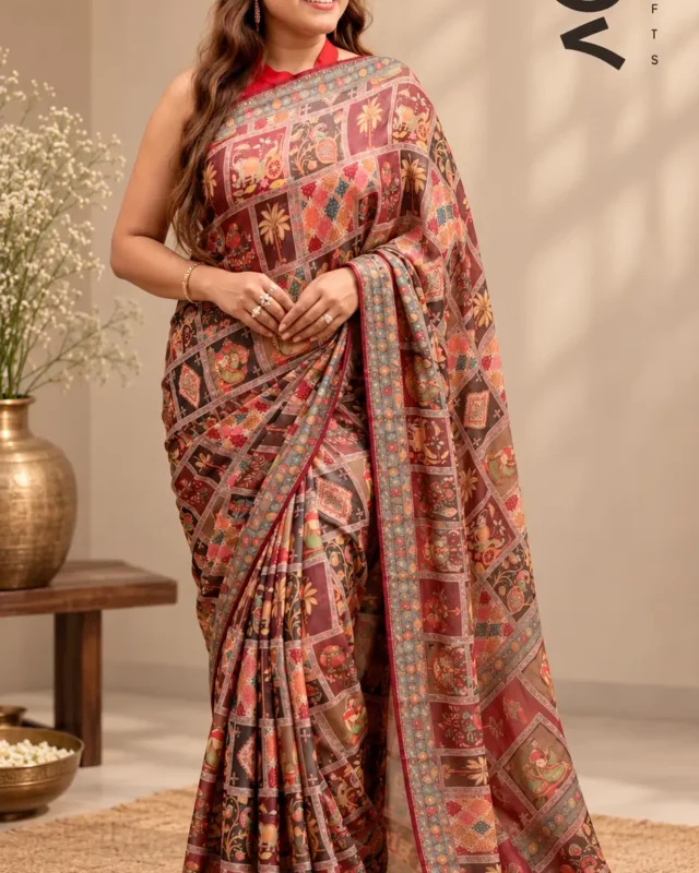SAREE CHINON GATCHOLA DIGITAL PTD SILK STONE WORK COFFE.