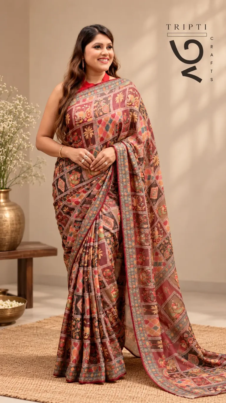 SAREE CHINON GATCHOLA DIGITAL PTD SILK STONE WORK COFFE.