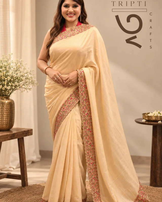 SAREE TUSSER MANIPURIKASMERI EMB STONE WORK BAIGE.