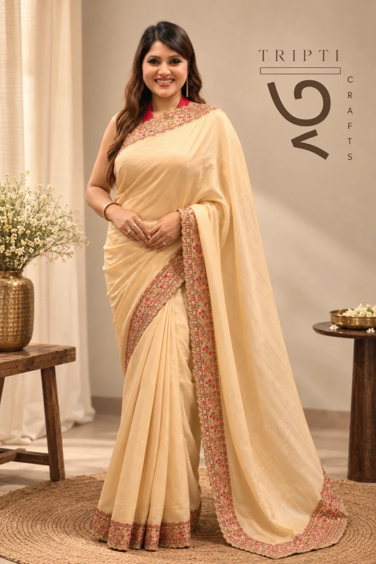 SAREE TUSSER MANIPURIKASMERI EMB STONE WORK BAIGE.