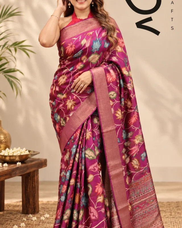 SAREE TUSSER KALAMKARI HANDPAINT COPPER JORI MEGENDA BORDER.