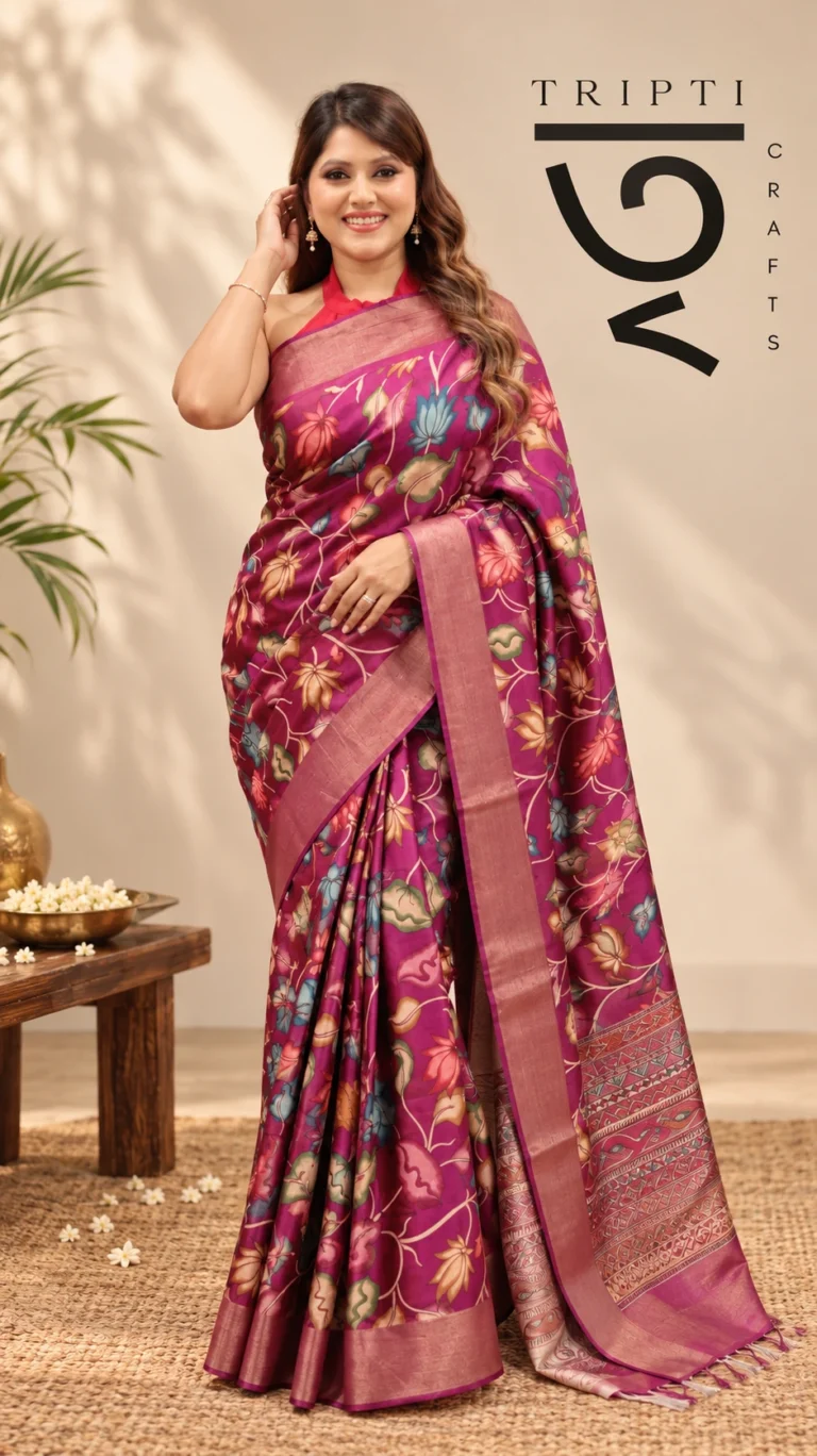 SAREE TUSSER KALAMKARI HANDPAINT COPPER JORI MEGENDA BORDER.