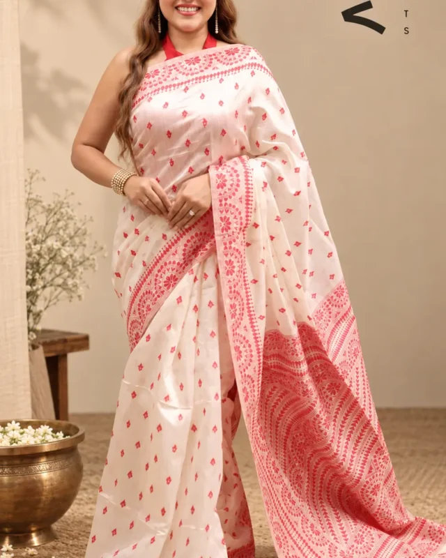 SAREE MATKA RED WHITE EMBROIDERY WORK.