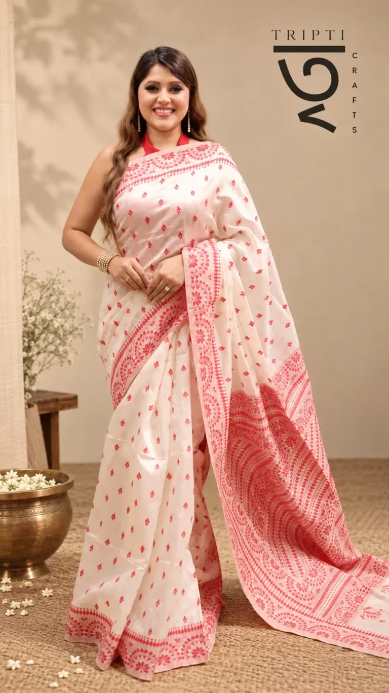 SAREE MATKA RED WHITE EMBROIDERY WORK.