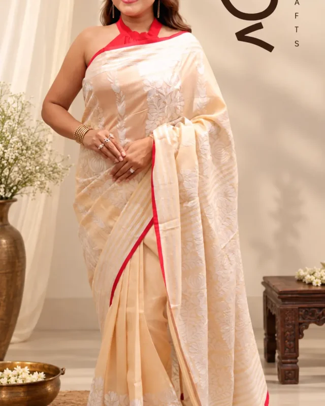SAREE TUSSER KANTHA WORK BAIEGE RED PATTI.