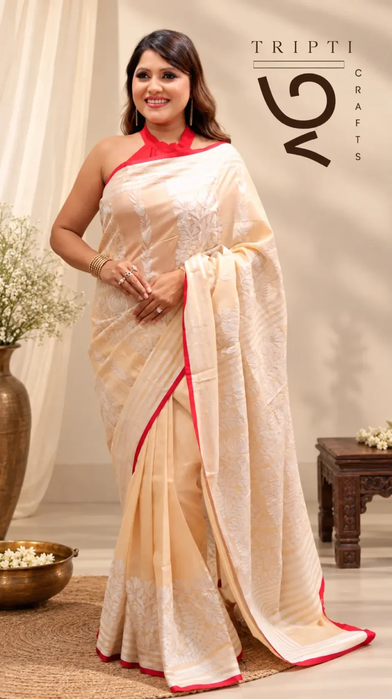 SAREE TUSSER KANTHA WORK BAIEGE RED PATTI.