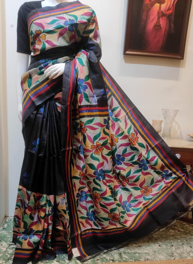 SAREE TUSSER BLACK HAND PAINTING.