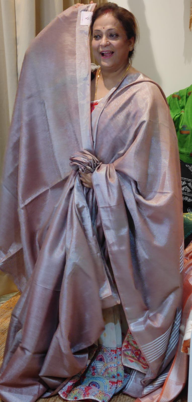 SAREE TISSUE LINEN SILVER CHIKOO.