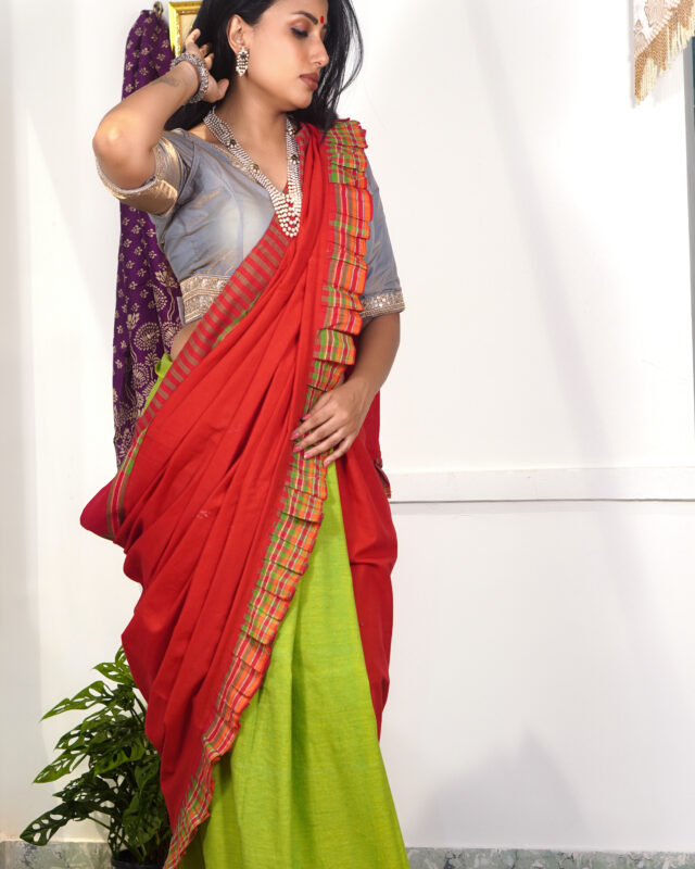 SAREE COTTON RED FRILE