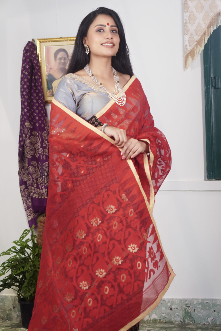 SAREE DHAKAI AJRAKH HALF HALF RED.