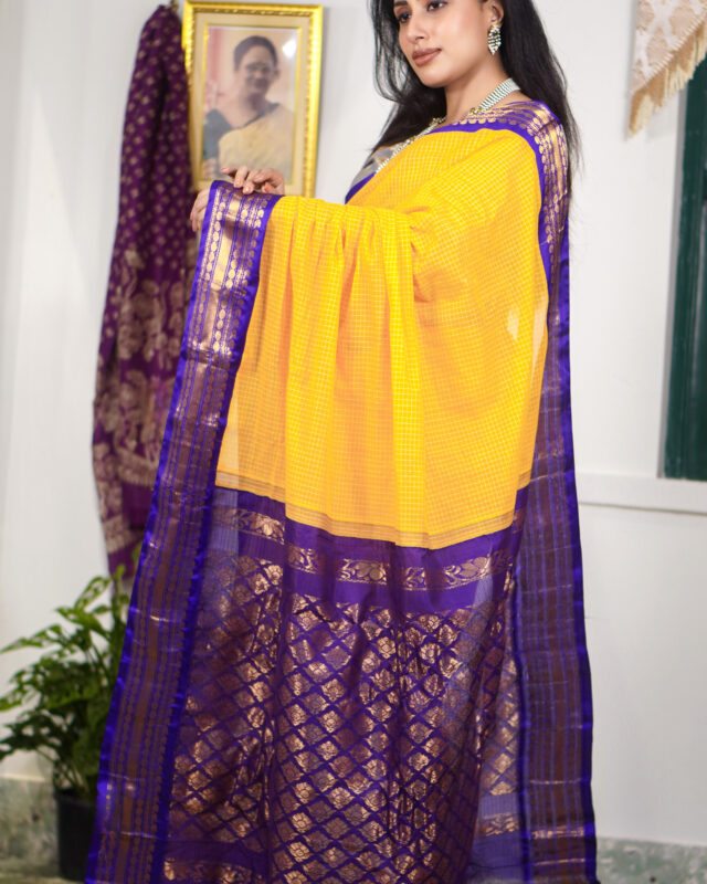 SAREE GADWAL COTTON CHECKS YELLOW.
