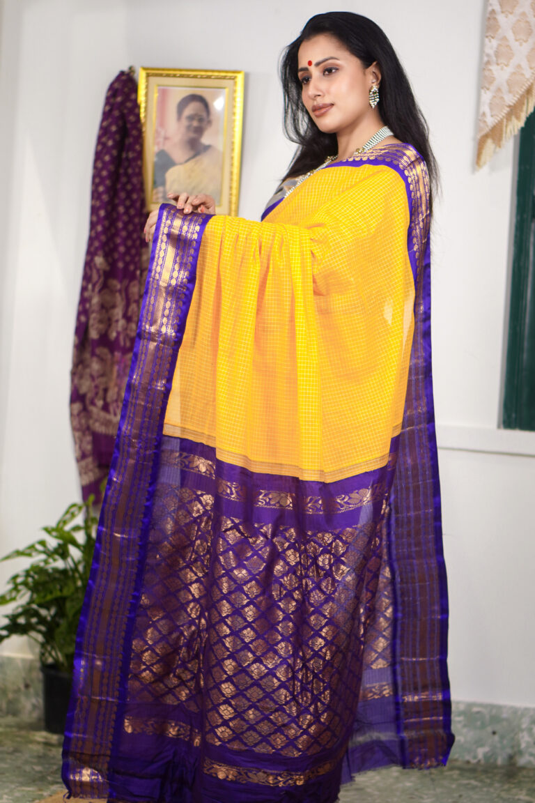 SAREE GADWAL COTTON CHECKS YELLOW.