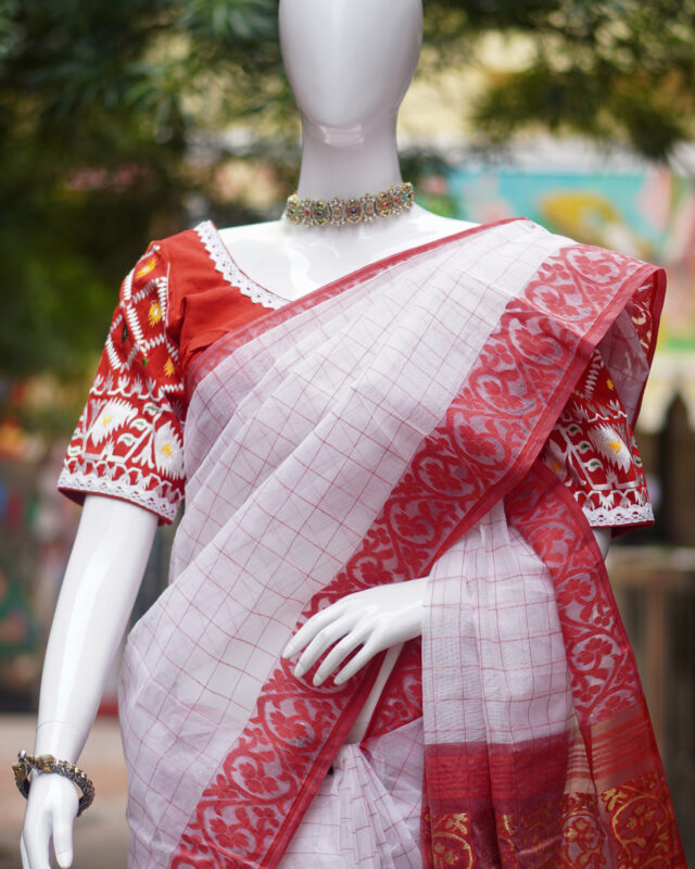 SAREE COTTON CHANDER CHECK RED WHITE.