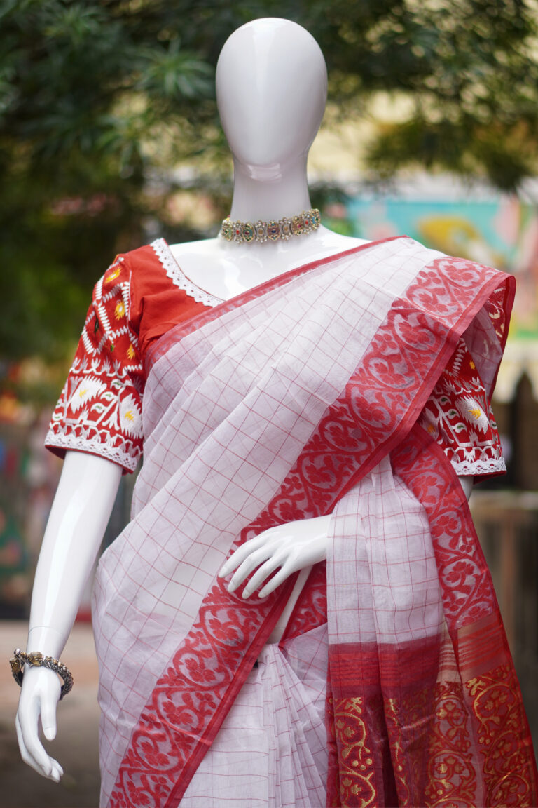 SAREE COTTON CHANDER CHECK RED WHITE.