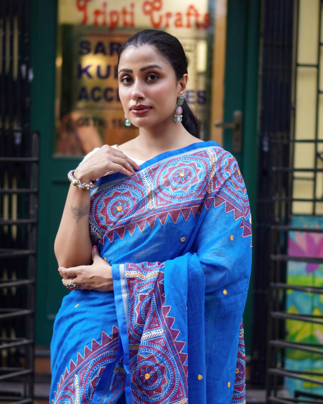 SAREE COTTON KANTHA EMB BLUE.