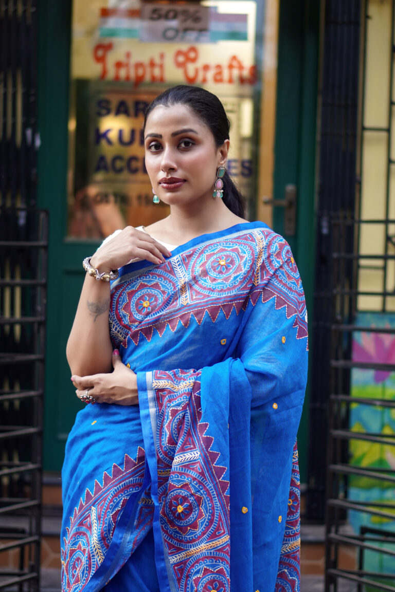 SAREE COTTON KANTHA EMB BLUE.