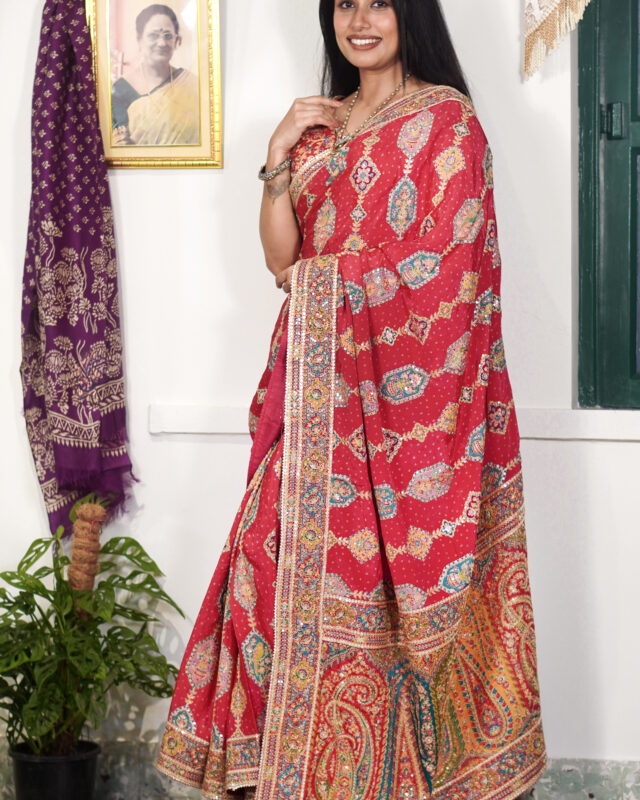 SAREE DOLA SILK RED WITH READY BLOUSE