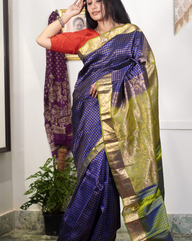 SAREE KANJIVARAM BLUE JORI CHECK.