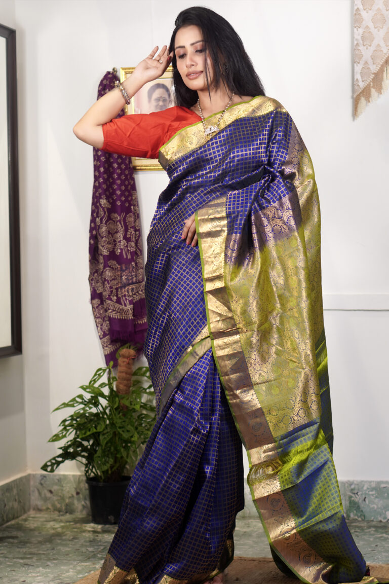 SAREE KANJIVARAM BLUE JORI CHECK.