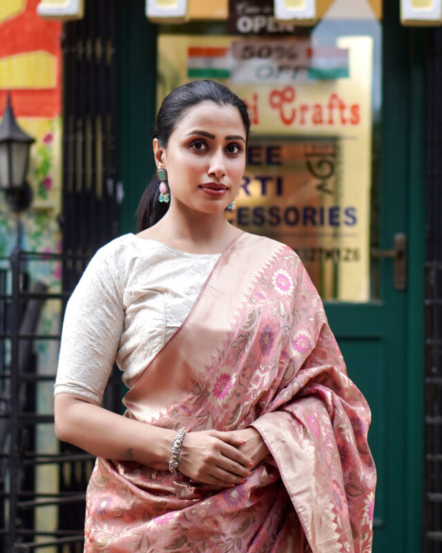 SAREE CHANDERI SILK JAL WORK PEACH.