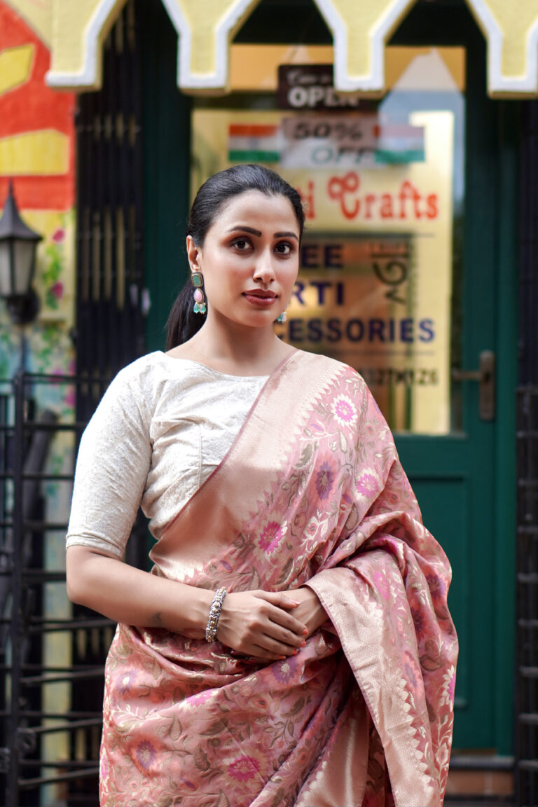 SAREE CHANDERI SILK JAL WORK PEACH.