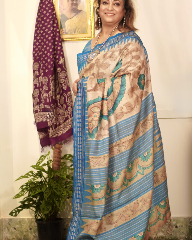 SAREE TUSSER KALAMKARI WITH READY BLOUSE.
