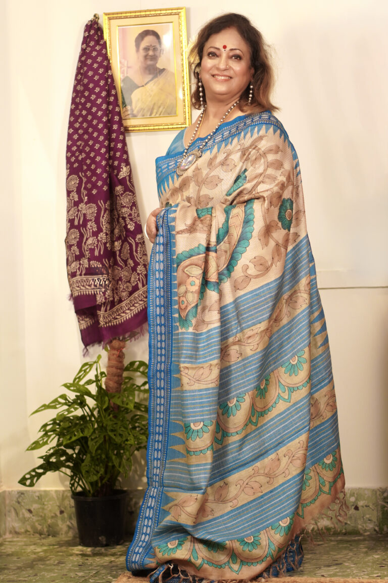 SAREE TUSSER KALAMKARI WITH READY BLOUSE.