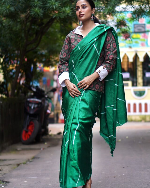 SAREE TUSSER SILK LEHER GREEN.