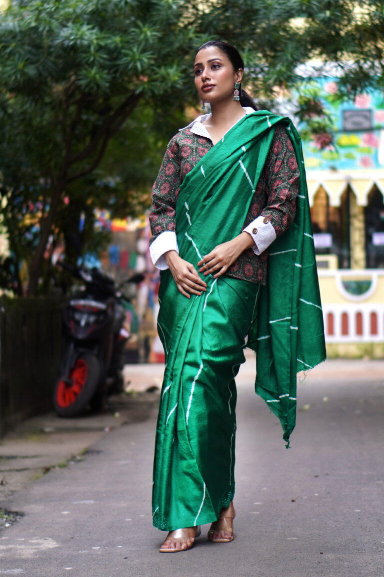 SAREE TUSSER SILK LEHER GREEN.