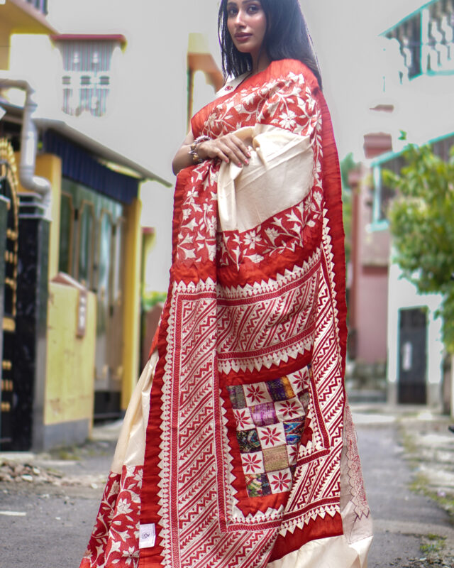 SAREE TUSSER SILK HAND STICH APLIC WORK RED WHITE.